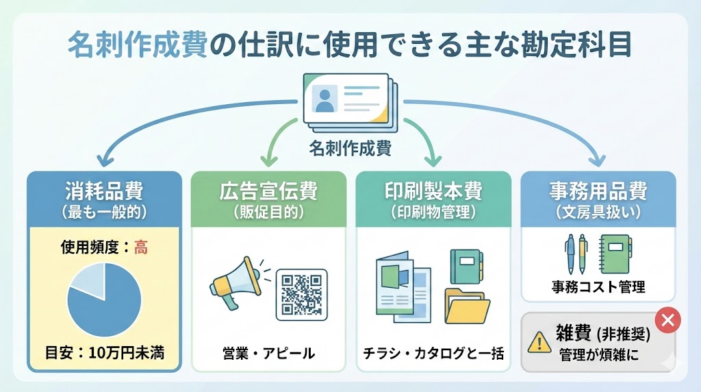 名刺作成費の仕訳に使用できる主な勘定科目